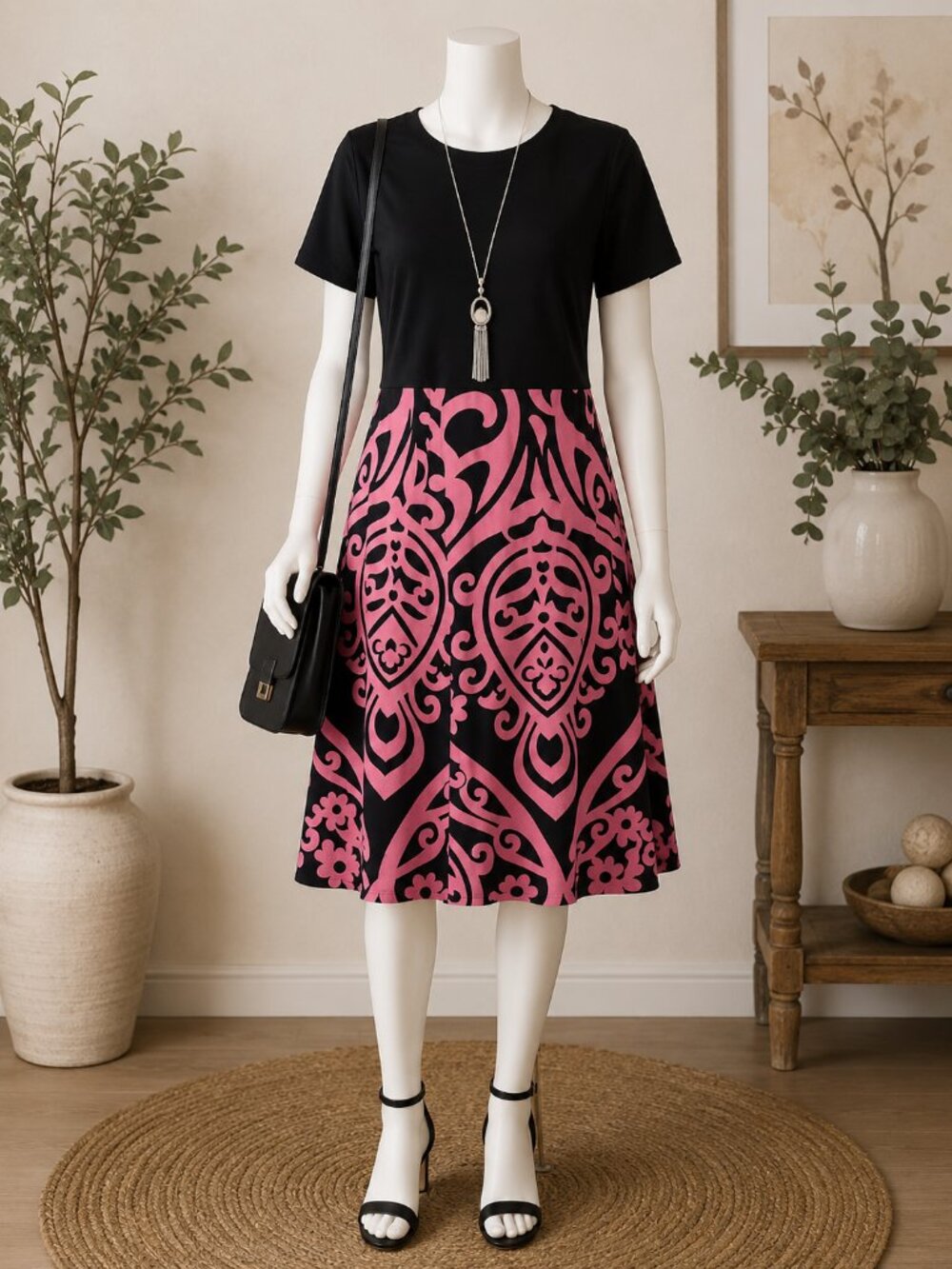 Nemidor Black & Pink Patterned Midi Dress | Size 16W | Like New